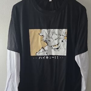 Black Graphic Layered-Look Long Sleeve T-Shirt with Beige Accent